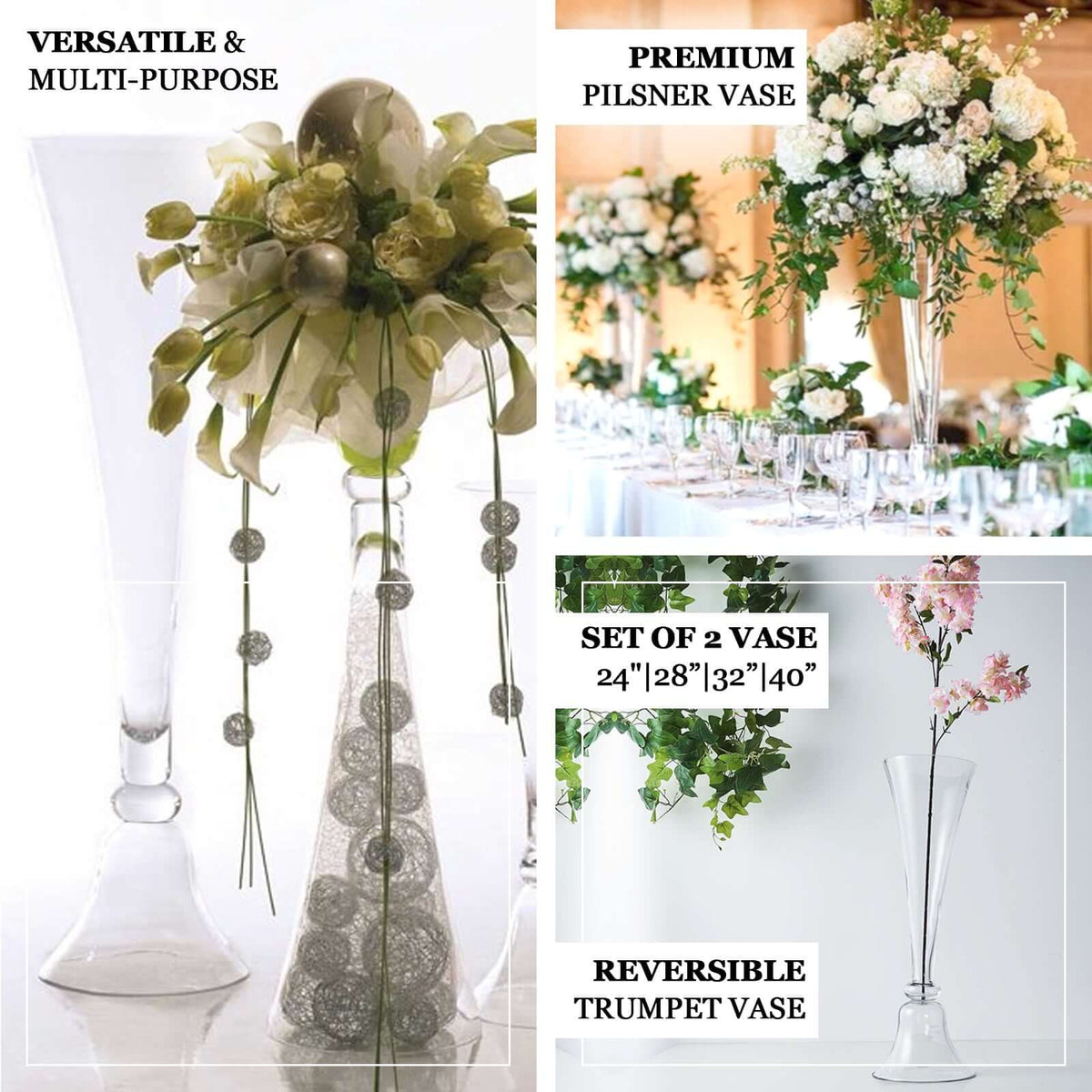 Glass Trumpet Floor Vase Reversible Clarinet Style 40" Clear - Sophisticated Floral Wedding Centerpiece